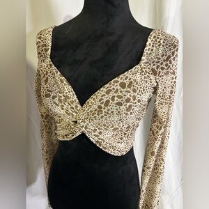 Leopard animal print twisted long sleeve crop top small Festival Summer Sheer